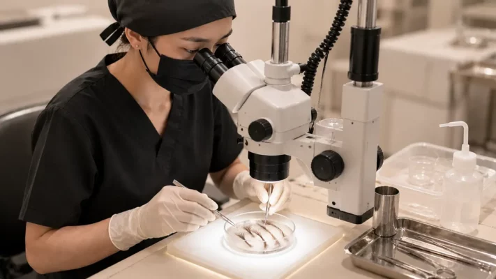 การนับ graft จึงหมายถึงการนับ follicular unit ไม่ใช่นับเส้นผม ตามมาตรฐานของ ISHRS 1 graft = 1 follicular unit เฉลี่ยมีผม 2.0–2.5 เส้นต่อ graft ในคนไทย