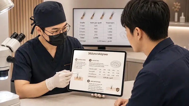 นับกราฟปลูกผม — แพทย์ตรวจสอบจำนวน graft ตามมาตรฐานสากลของ ISHRS นับเป็น graft (follicular unit) ไม่ใช่เส้น 1 graft มีผม 1–4 เส้น เฉลี่ย 2.0–2.5 เส้นในคนไทย